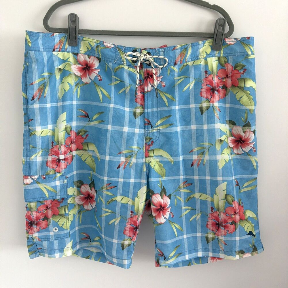 Tommy Bahama Relax Mens 2XL Blue Floral Plaid Swim Trunks Board Shorts 4 Pockets